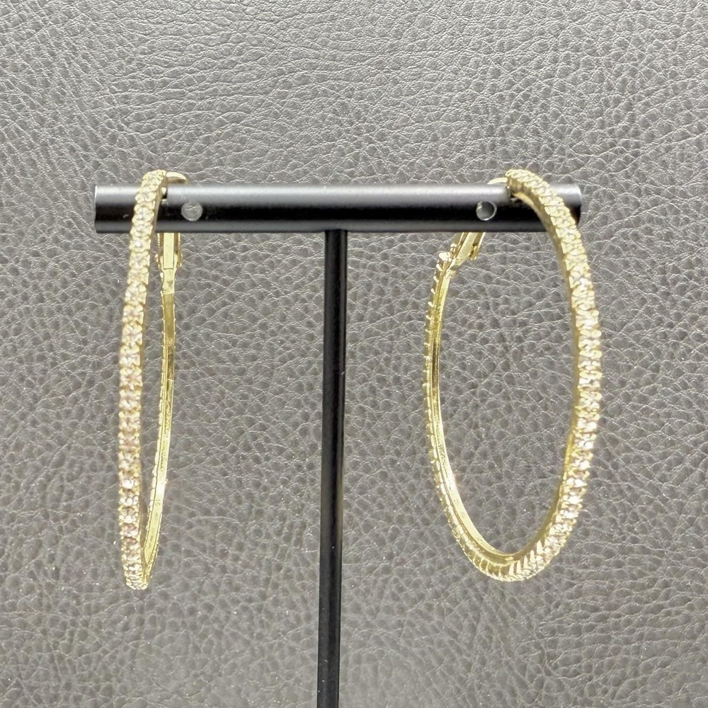 Gold Tone Hoop Earrings Rhinestone Crystal Accent Classic Large Pierced 2 Inch